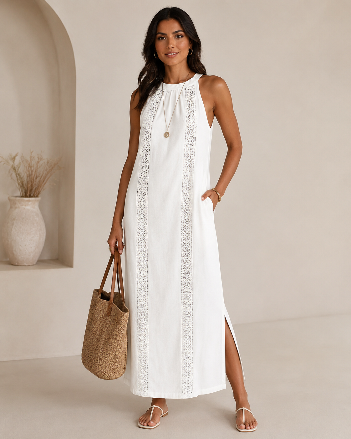 Jimena | Linen midi dress with mandarin collar
