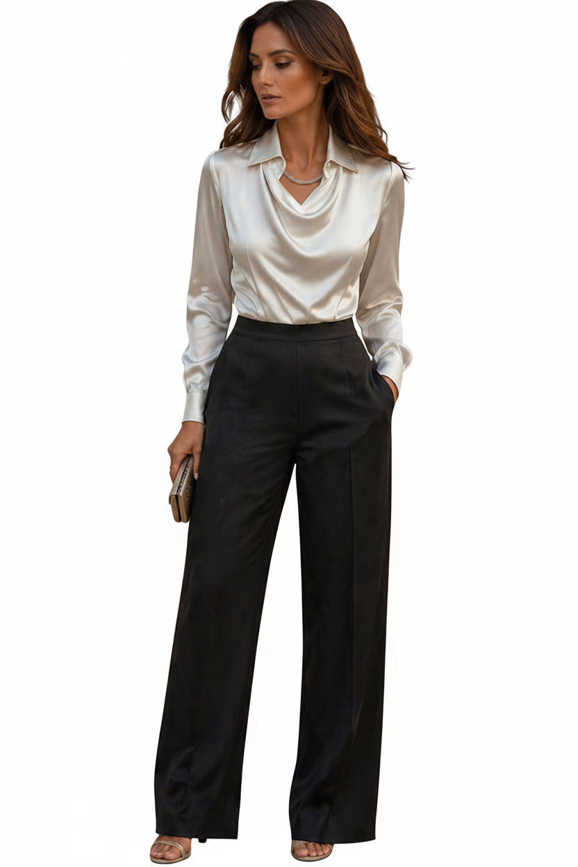 Women's satin blouse with draped neck and long sleeves.