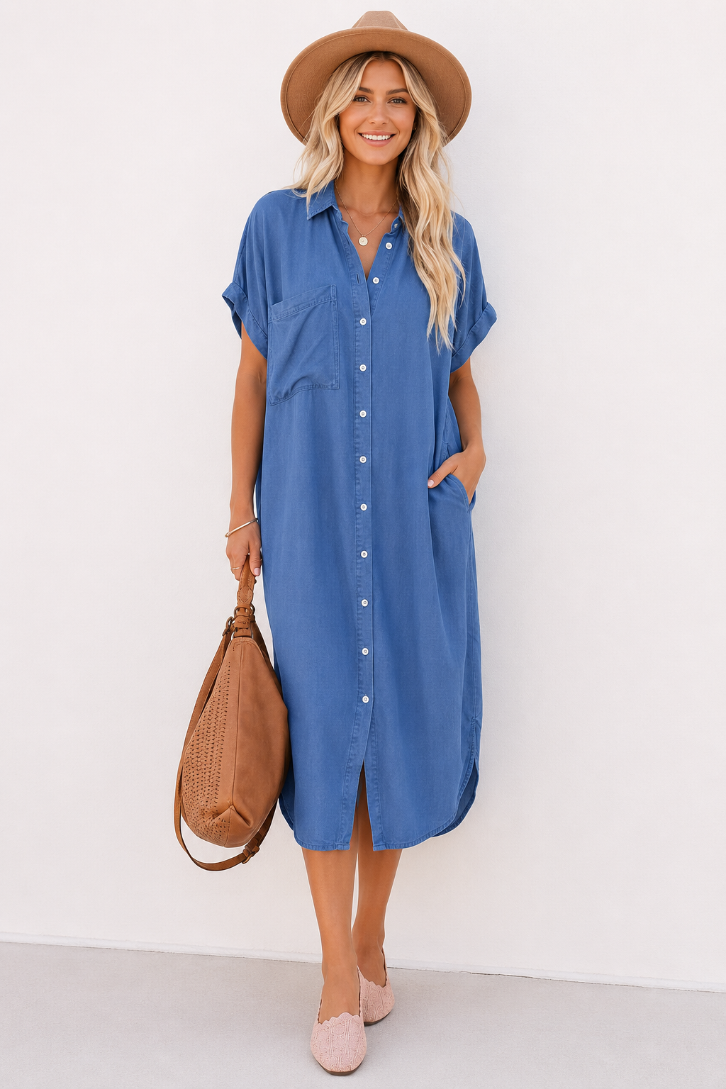 LOLI | Long Denim Short Sleeve Shirt Dress