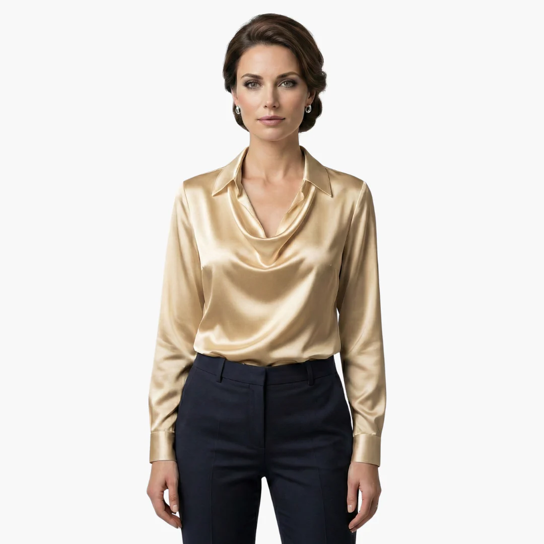 Women's satin blouse with draped neck and long sleeves.
