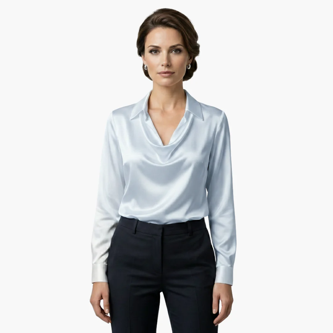 Women's satin blouse with draped neck and long sleeves.