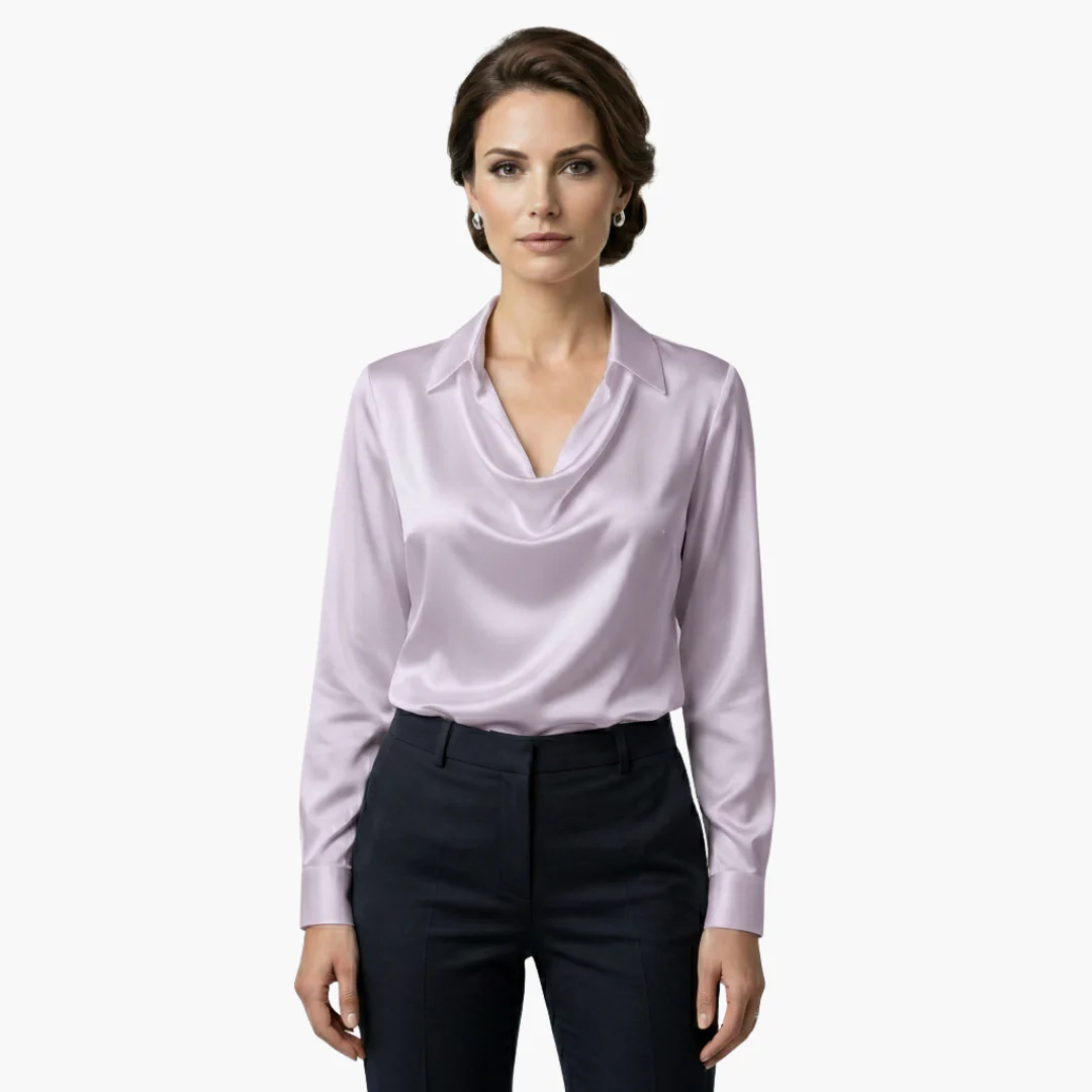 Women's satin blouse with draped neck and long sleeves.