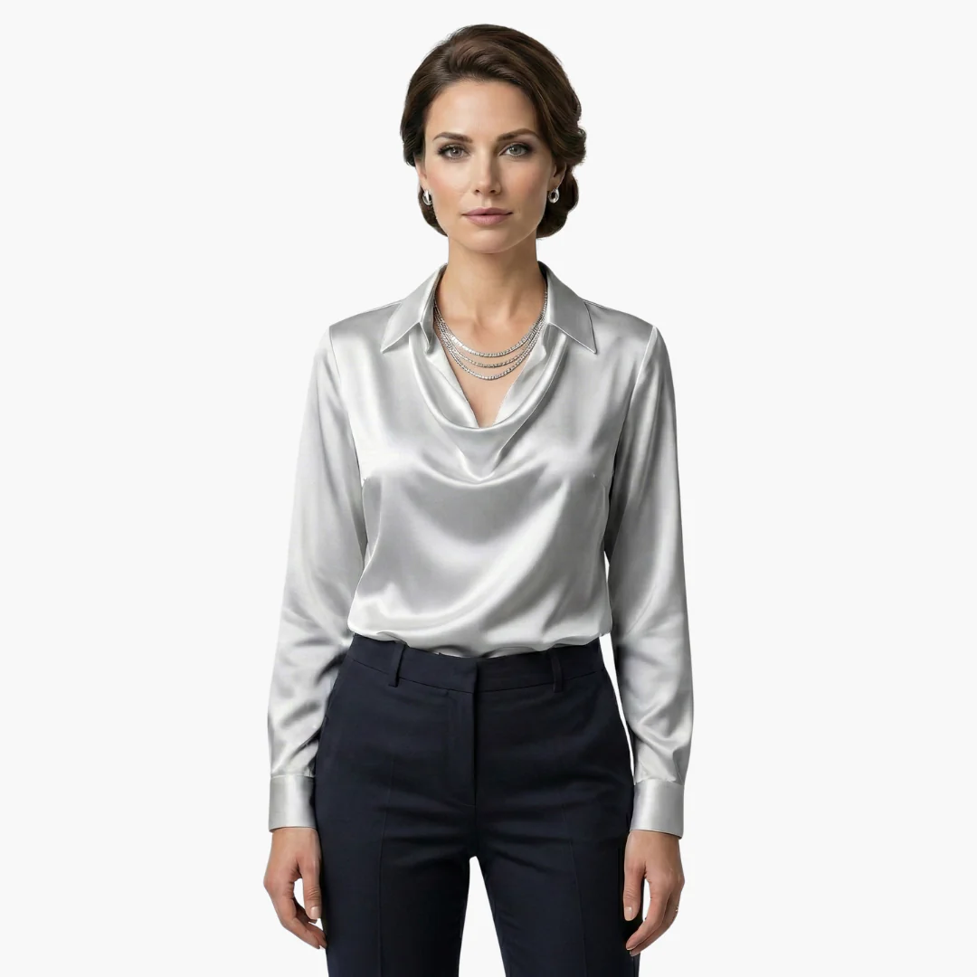 Women's satin blouse with draped neck and long sleeves.
