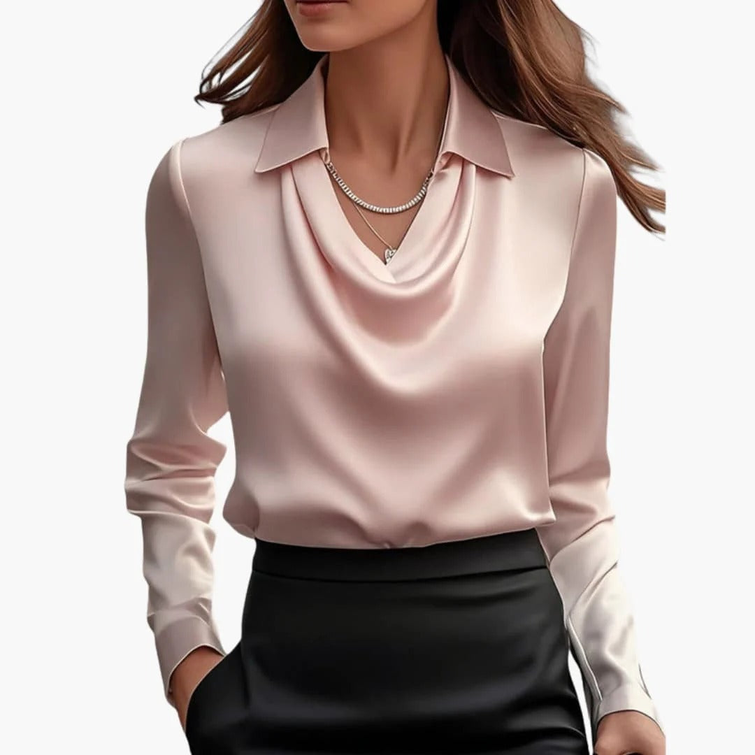 Women's satin blouse with draped neck and long sleeves.