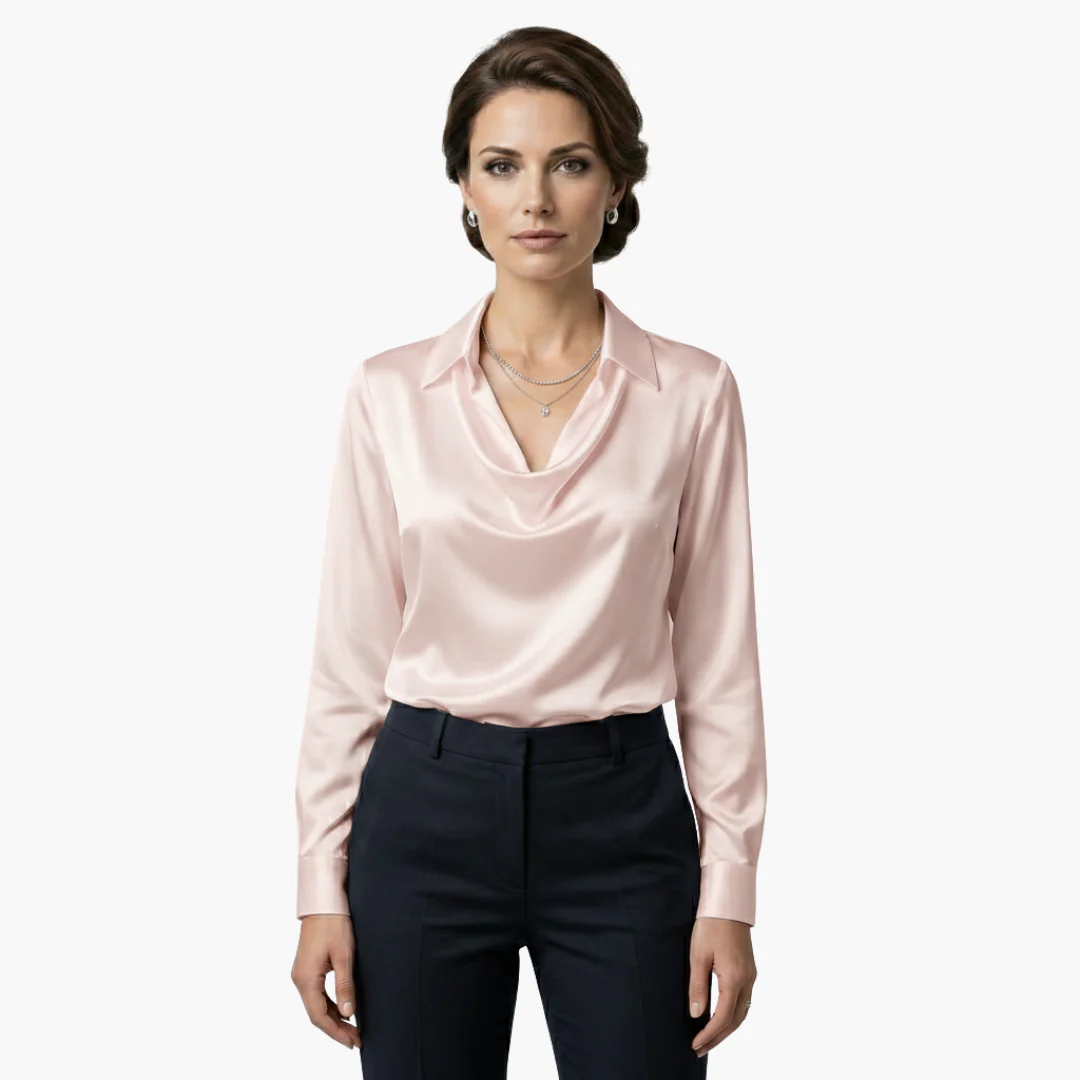 Women's satin blouse with draped neck and long sleeves.