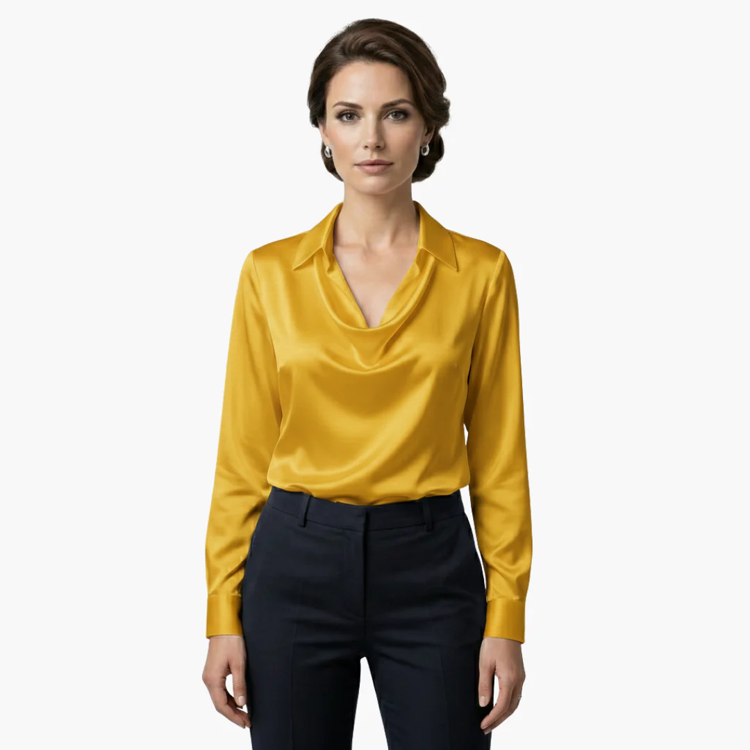 Women's satin blouse with draped neck and long sleeves.