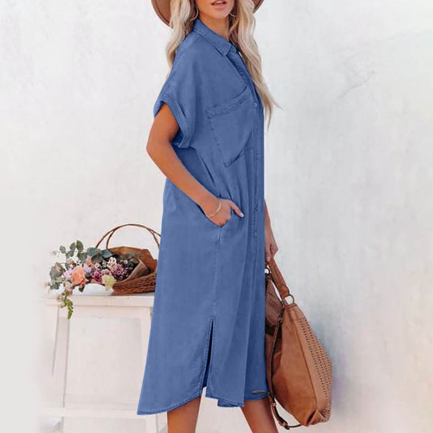 LOLI | Long Denim Short Sleeve Shirt Dress