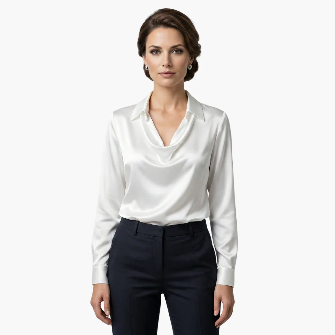 Women's satin blouse with draped neck and long sleeves.