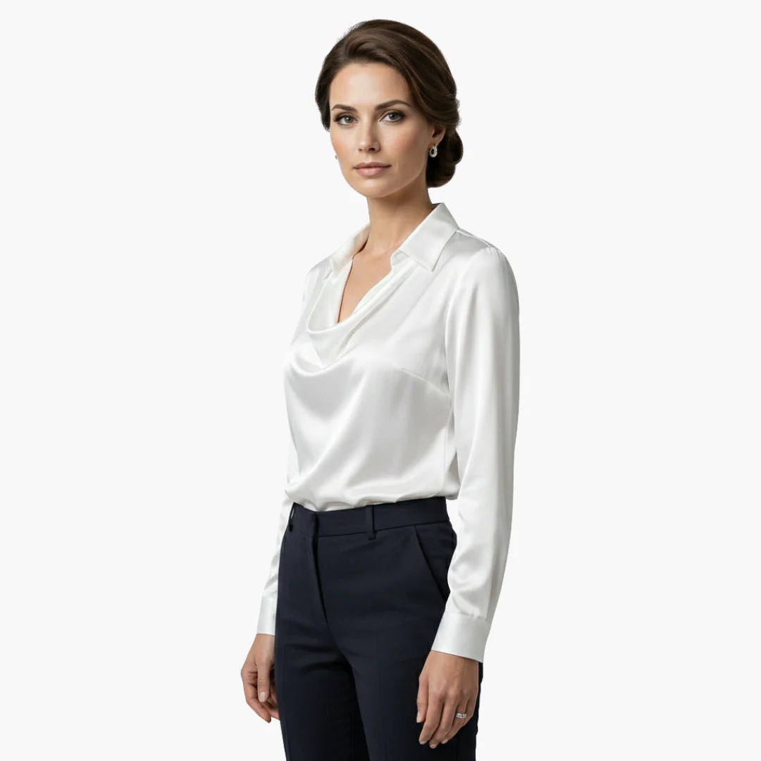 Women's satin blouse with draped neck and long sleeves.