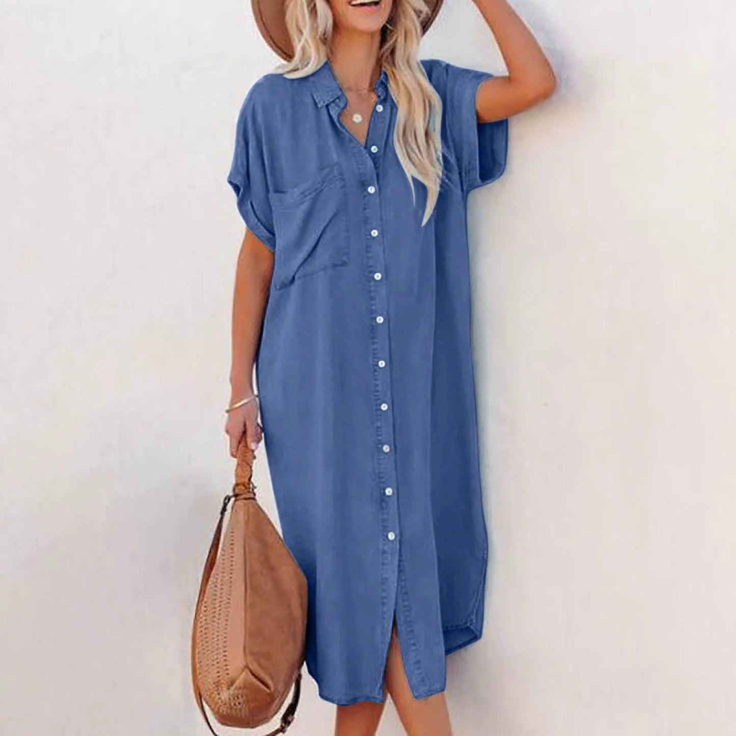 LOLI | Long Denim Short Sleeve Shirt Dress