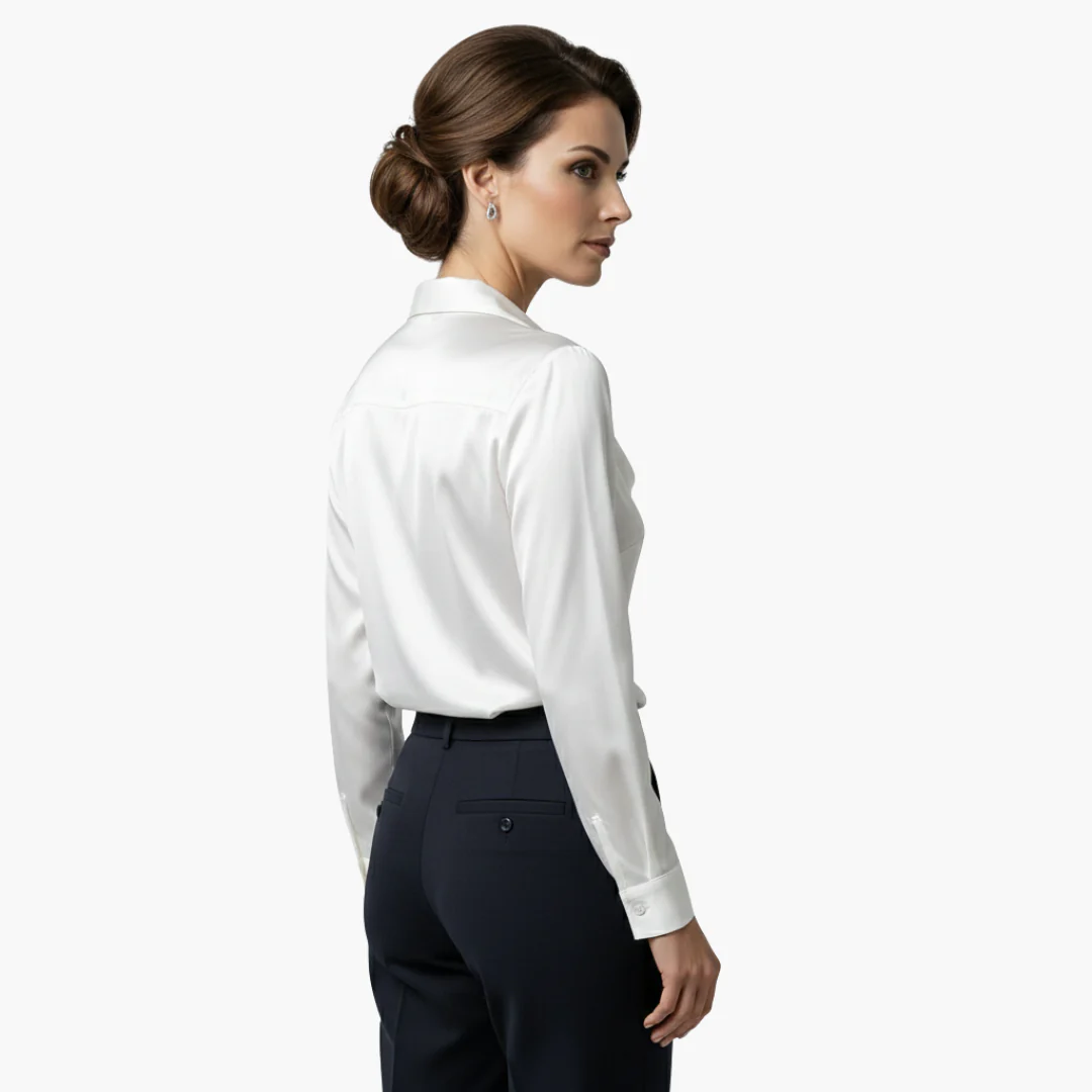 Women's satin blouse with draped neck and long sleeves.