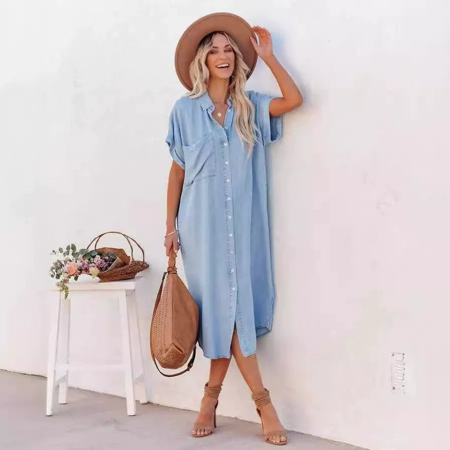 LOLI | Long Denim Short Sleeve Shirt Dress