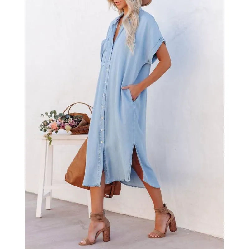 LOLI | Long Denim Short Sleeve Shirt Dress