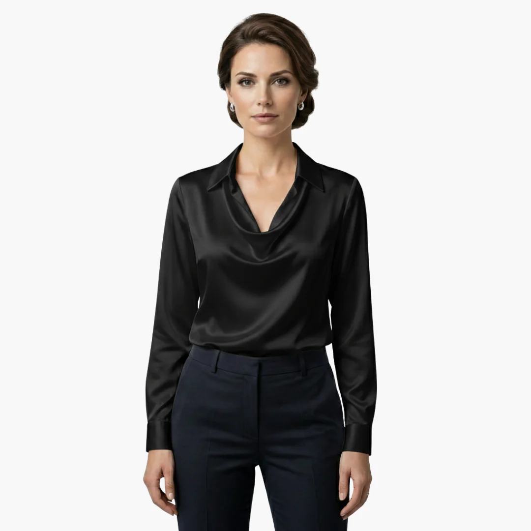 Women's satin blouse with draped neck and long sleeves.
