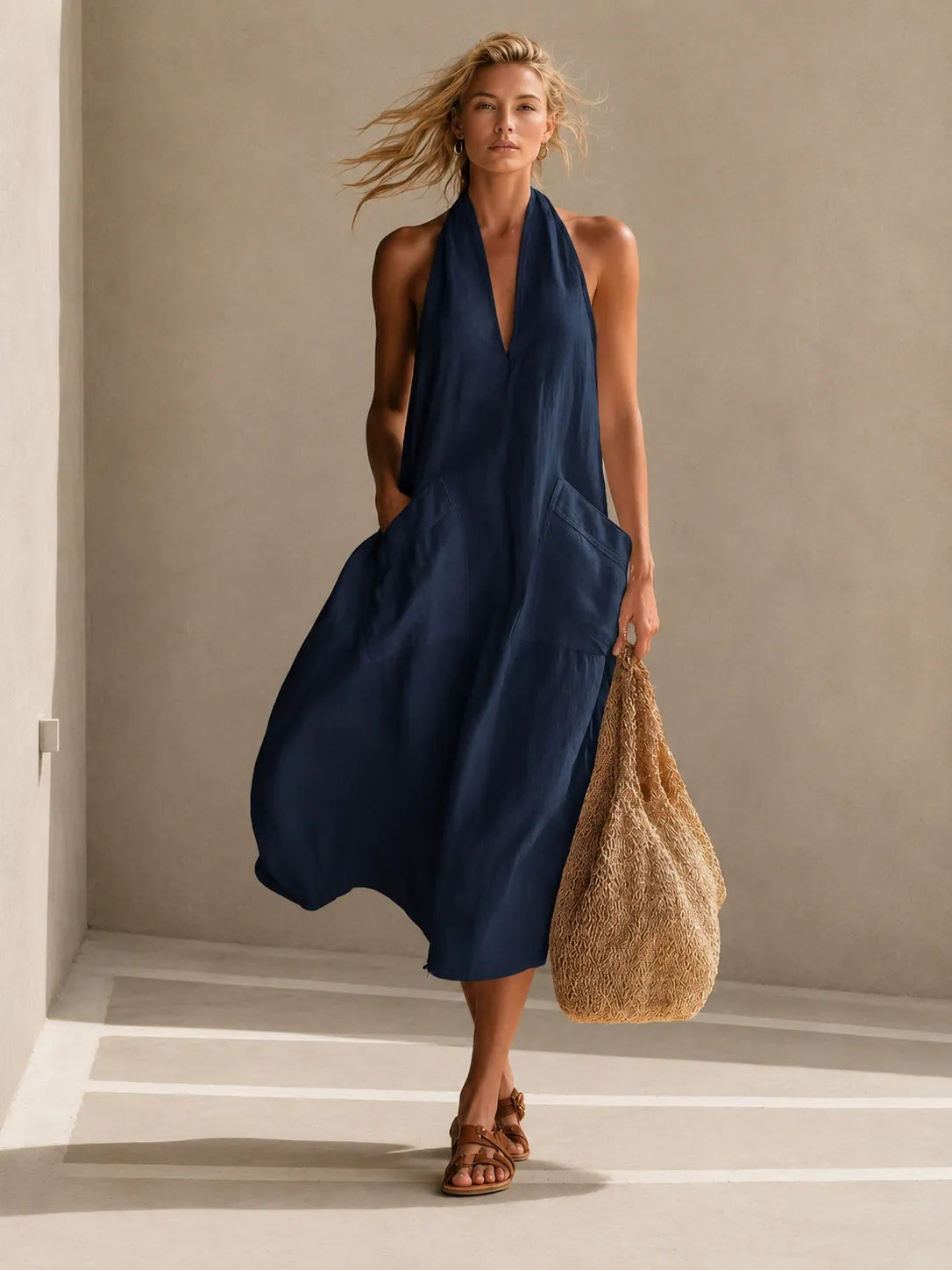 DANNA | Retro-style Casual V-Neck Long Dress with Patch Pockets