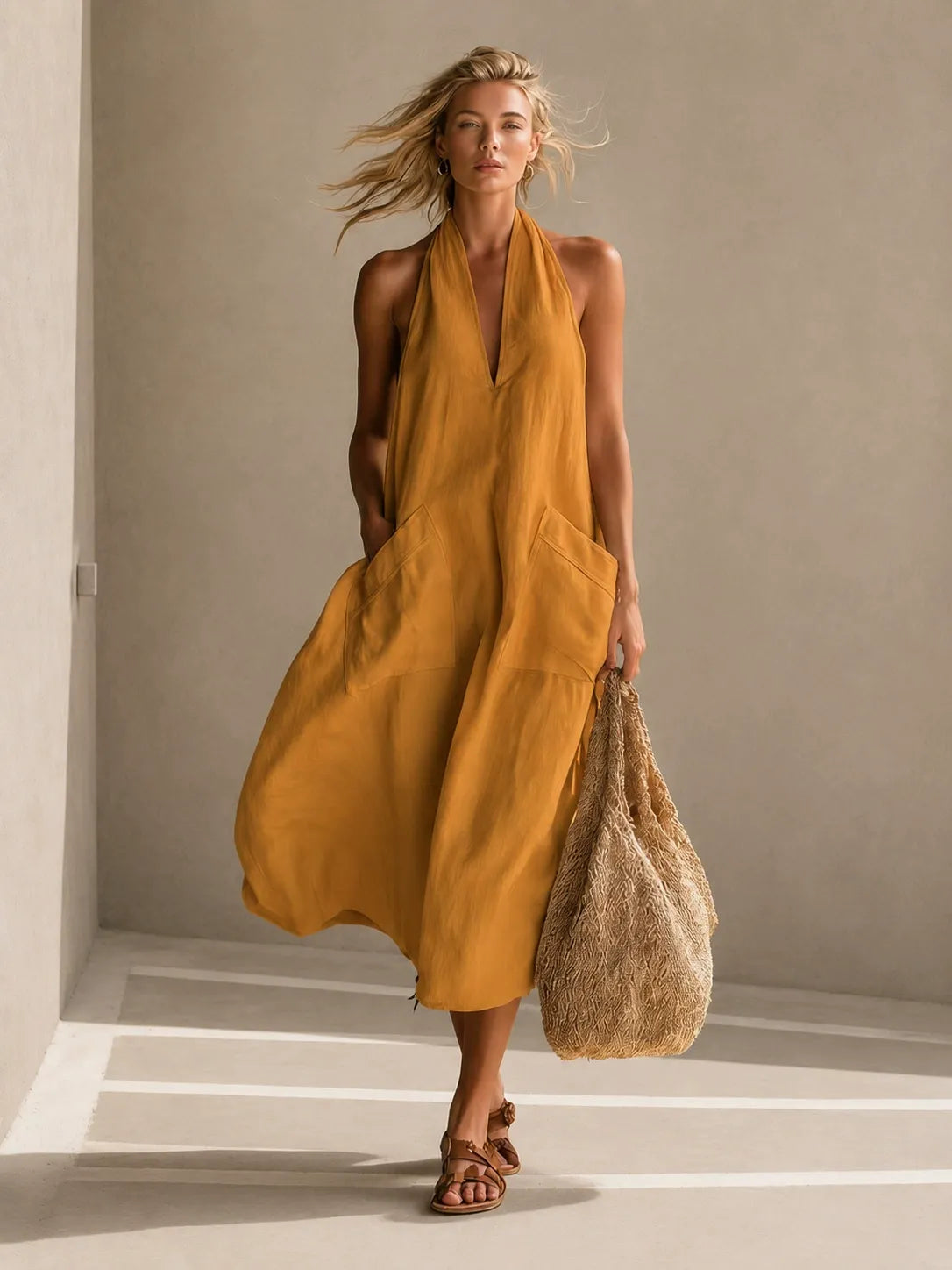 DANNA | Retro-style Casual V-Neck Long Dress with Patch Pockets